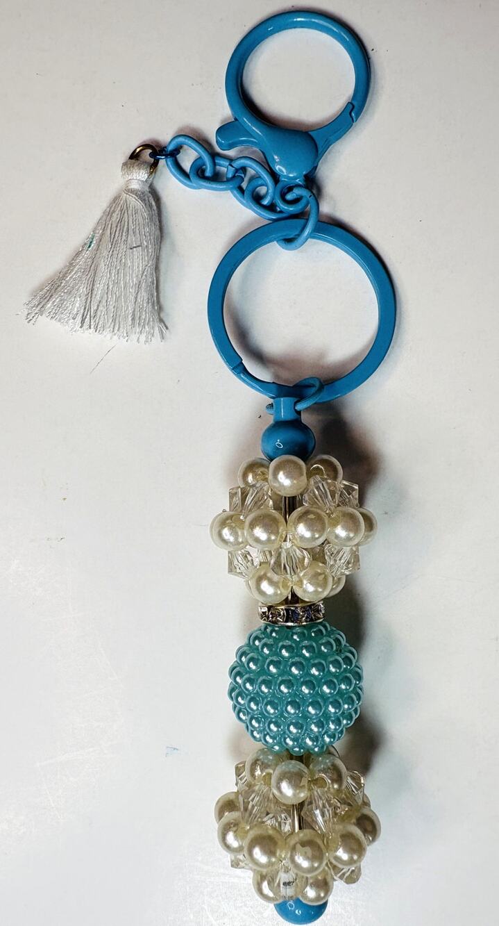 Vintage Handmade Blue Beaded Keychain – 6” Bag Charm with White Bubble Beads -vn